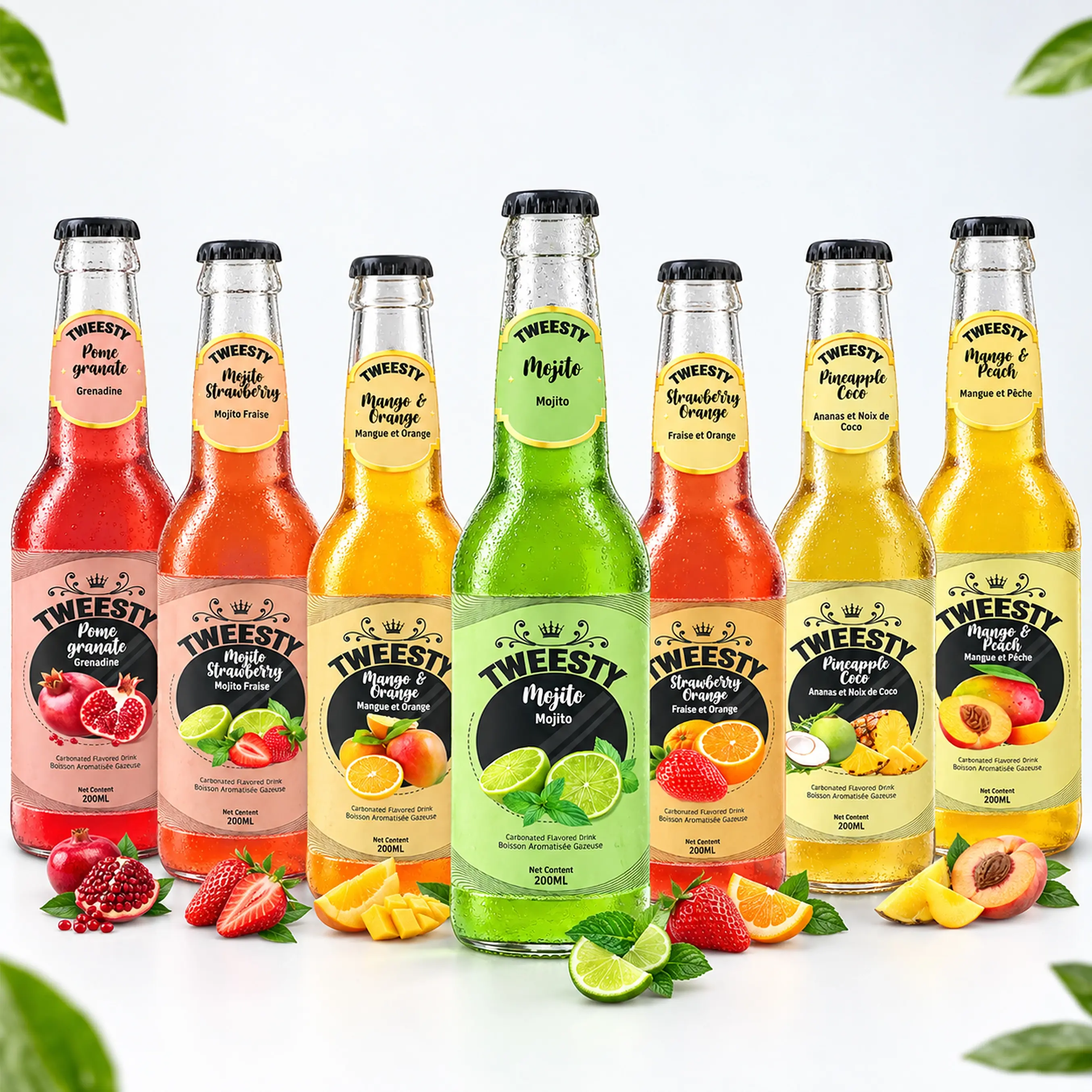 TWEESTY assorted carbonated flavoured drinks in Pomegranate, Mojito Strawberry, Mango Orange, Mojito, Strawberry Orange, Pineapple Coco and Mango Peach flavours, 200ml glass bottles.
